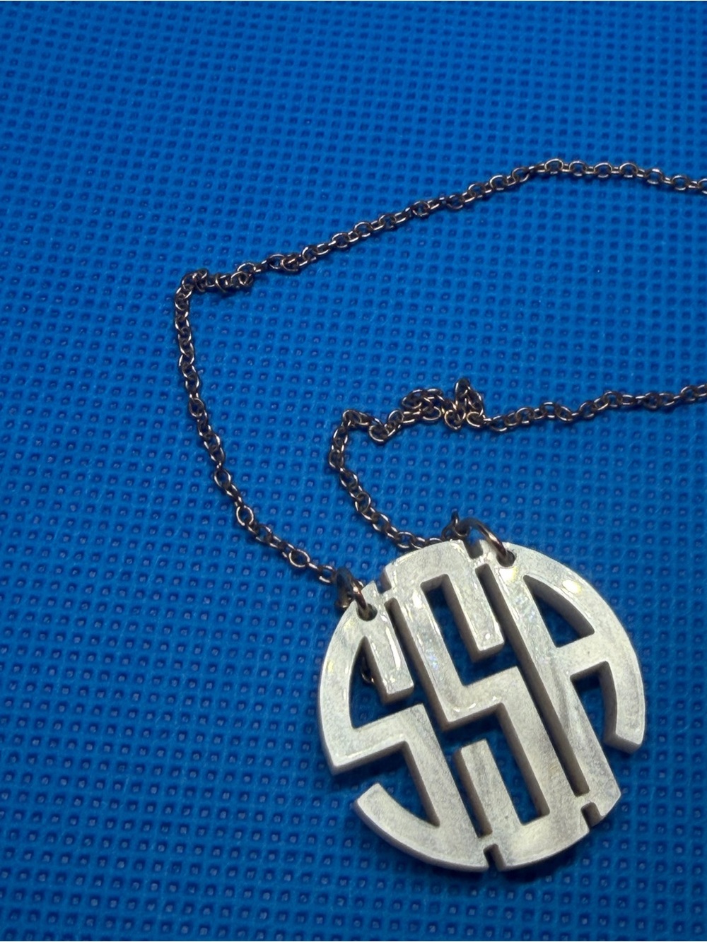 White Pearl Monogram Circle Pendant Necklace on dark silver chain - SSA